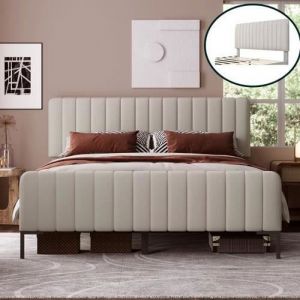 Lit Double Capitonné 160x200 cm en Tête de Lit Réglable Sommier à Lattes en Bois Massif de Pin Lit Complet Lin Beige Sans