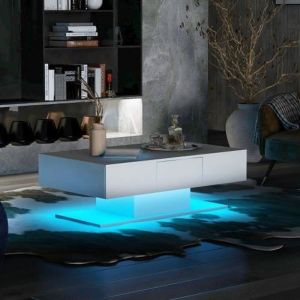 Merax Table basse &agrave; LED contemporaine - laqu&eacute; blanc brillant - L100cm