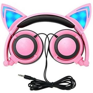 Casque audio enfant - EYOYO - Oreille de chat pliable - LED - Rose + Bleu