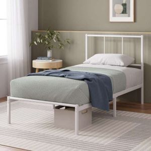 Lit Camille 1 personne Lit 90x190 cm Cadre de lit en métal avec tête de lit Hauteur 30cm Avec lattes en métal Blanc