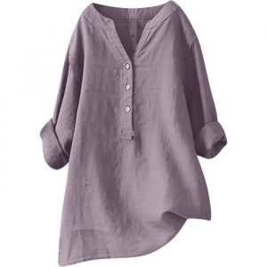 T-shirt Femme Col V Bouton Coton Lin Manches Longues - Couleur Unie - Grandes Tailles Casual