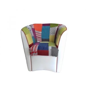 Fauteuil - VALENTINA - Éco-cuir blanc - Assise tissu patchwork - Confort optimal - Design contemporain