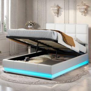 Lit coffre 140x190 cm lit adulte 140x190cm avec sommier à lattes et coffre de rangement lit double avec LED intégrée PU blanc