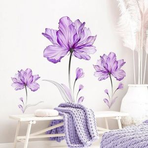 Fleurs Sticker Mural Grandes Fleurs Plantes Autocollant Mural Amovible art Sticker Mural pour Salon Chambre Bureaux VIOLET STICKERS