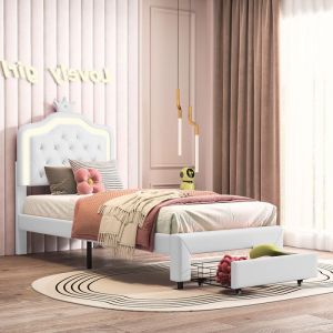 Lit fille 90x200 cm avec led et tiroir lit 1 place avec sommier à lattes style moderne tissu en PU blanc