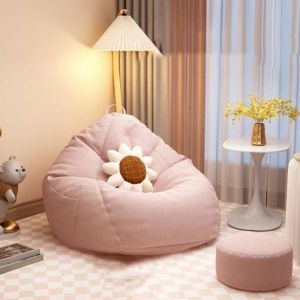 Fauteuil pouf salon tissu lin avec remplissage g&eacute;ant repose-pieds housse lavable adulte ado Label