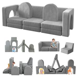 Canap&eacute; Lit Enfant Convertible 13 Modules Futon Pliable pour Chambre et Salle de Jeux (Gris)