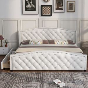 Lit double capitonné 180 x 200 cm en simili cuir blanc avec 2 tiroirs Sommier à lattes en bois