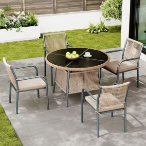 Ensemble de salon de jardin moderne en rotin table ronde en verre+4 fauteuils structure en fer adapt&eacute; pour terrasse/balcon gris