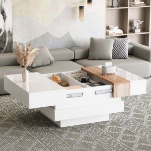 Table basse moderne extensible carrée 70x70x39 table dappoint avec espace de rangement caché et séparateursblanc + bois