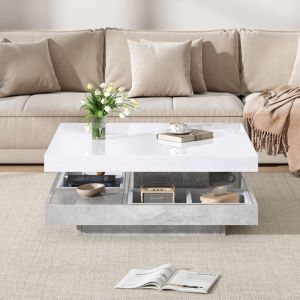 Table Basse Canapé&bureau Pivotante 360° Blanc Brillant Double Fonction Avec Rangement Design Marbre Moderne