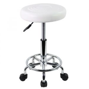 KKTONER Tabouret à roulettes réglable en hauteur 49-64cm en cuir PU Blanc