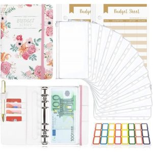 Classeur Budget avec Enveloppe Classeur A6 Budget Planner Sets en PU Cuir Carnet 6 Anneaux Remplissable avec Pochettes - Blanc