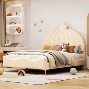 Lit enfant 140x200 cm lit capitonné avec sommier à lattes et tête de lit dessin animé tissu simili cuir beige
