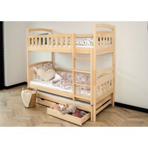 Lit superpos&eacute; 90x200 avec lit gigogne - Sommier INCLUS - Lit superpos&eacute; convertible - 3 lits simples - 2 tiroirs - Bois naturel