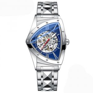 SHARPHY Montre homme personnalisé cool cadran squelette mécanique automatique bleu cadran triangulaire bracelet en acier étanche