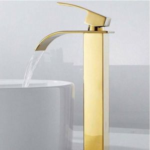 Robinet salle de bain lavabo haut cascade bec pour vasqueMitigeur eau froide et chau moderne carré chromé trou simple (Doré)
