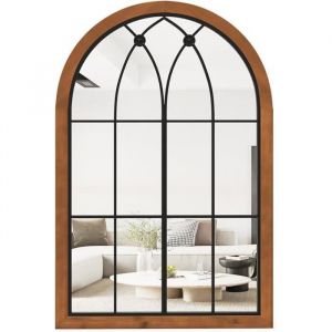 GOPLUS 60X90CM Miroir en Forme de Fenêtre Arquée Cadre en Bois & Verre Antidéflagrant 2 Façons d’Installation Naturel