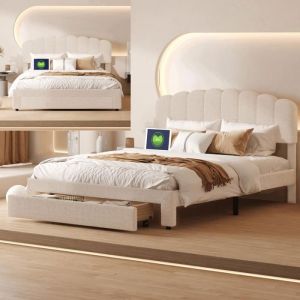 Lit 160 x 200 cm avec rangementlit adulte 160x200 cmlit doublelit capitonnéavec tiroirUSBType-c velours teddy beige