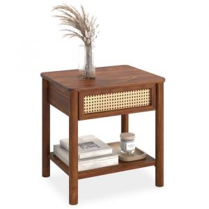 Table de Chevet CEFIRA avec 1 Tiroir en Bois Massif Couleur Ch&acirc;taignier Design &Eacute;l&eacute;gant en Rotin avec 1 &Eacute;tag&egrave;re
