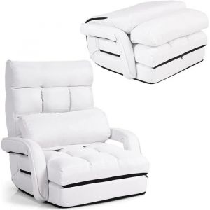 RELAX4LIFE Fauteuil Convertible &agrave; Accoudoir et Dossier R&eacute;glable &agrave; 5 Positions Chauffeuse 1 Place Fauteuil Bas avec Oreiller Blanc
