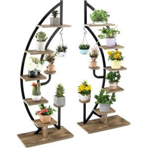 RELAX4LIFE Lot de 2 Porte-Plante à 5 Niveaux Étagères à Fleurs 60 x 30 x 155 CM avec Crochet Charge Max 20KG par Étagère Naturel