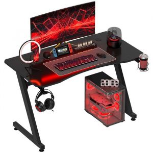 Bureau gaming - HOMCOM - support casque porte-gobelet passe-câbles inclus - pieds réglables cadre en acier et bois - noir