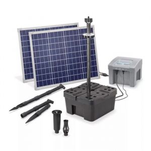 Kit pompe solaire bassin jet deau Pro Batt Led 2600L-100W avec batterie anneau led et filtre immergé