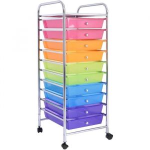 DREAMADE Chariot de RangementTour de Rangement en Métal avec 10 Tiroirs1 Tablette4 Roues et 2 Freins 325 x 37 x 86CM (Coloré)