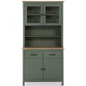 Vitrine en pin massif PEGANE - Décor ciré chêne et vert - 90x40x180 cm