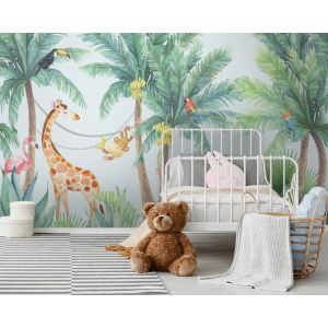 Papier Peint Chambre Enfant 3D Effet Animaux Cerf Ours Girafe Zèbre Forêt Nature pour Garçon Fille Papier Peint intissé 400x280cm
