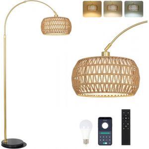 Doré Lampe À Arc Salon Lampadaire Lampadaire Moderne Avec Abat-Jour En Rotin Lampadaire Boho Avec Télécommande Et Ampoule Led Co