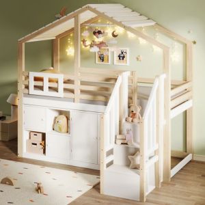 Cadre de lit enfant 90 x 200 cmlit cabane-Avec fen&ecirc;tres escalier &agrave; rangements et tiroirs-pin blanc+naturel-HAUSS SPOLE