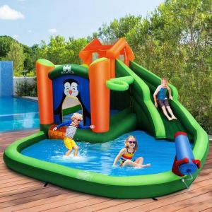 DREAMADE Château Gonflable sur le Thème des Pingouins avec Toboggan Pataugeoire Trampoline Parc Aquatique Cadeau Parfait