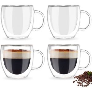 Lot de 4 tasses &agrave; caf&eacute; en verre &agrave; double paroi 150 ml isothermes avec poign&eacute;e tasses transparentes pour latte boissons
