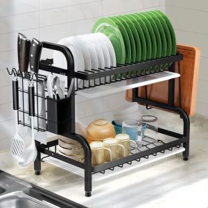 Egoutoire Vaisselle Cuisine 2 Étages Egouttoir Vaisselle avec Égouttoir Et Support pour Couverts Antirouille - Noir