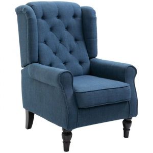 Fauteuil À Oreilles Capitonné Dossier Haut Rembourré Accoudoirs Arrondis Pieds Bois 160kg Salon&chambre Bleu
