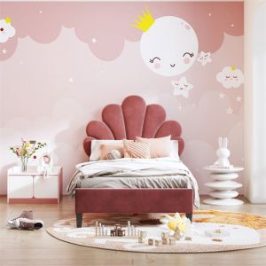 Lit enfant 90x200 cm avec Tête de Lit en Forme de Fleur Lit capitonné lit fille avec Sommier à Lattes rouge