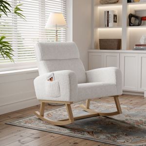 Fauteuil à BasculeRocking Chair avec rangement de pocheTissu BlancStyle ScandinavePour SalonChambreBalconCharge 150 kg