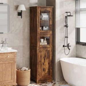 Armoire salle de bain-40 X31X170CM-avec 2 portes et &eacute;tag&egrave;re r&eacute;glable -Colonne salle de bain avec 5 compartiments-MARRON