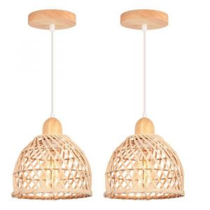 WOTTES Suspension Luminaire Moderne Créatif Lustre en Bois et Bambou de Design à Spirale Vintage Lampe Suspension Rotin - 2pcs