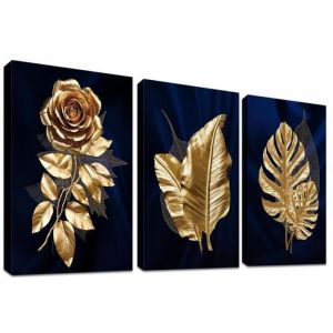 Feuilles de roses dorées Cadre en bois Impression sur Toile Feuilles de palmier Tropical Peinture Tableau Decoration Murale 30x40cm