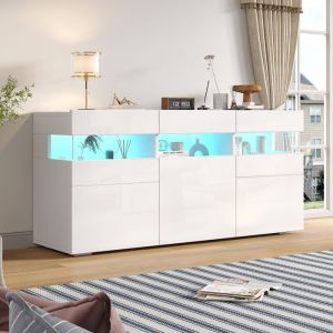 Buffet Cuisine LED 140 cm blanc laqu&eacute; avec vitrine acrylique 3 portes 7 compartiments sideboard moderne lumineux