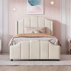 Lit Enfant 90x200 cm avec TêTe de Lit en Velours Lit Simple avec 2 Tiroirs de Rangement lit 1 personne Beige