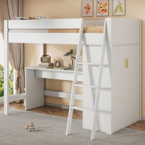 Lit enfant 90x200 cm Lit mezzanine 1 place 1 personne avec échelle avec bureau avec armoire librement combinable blanc