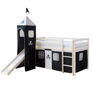 Lit mezzanine - LIT06154 - 90x200cm - Bois blanc - Toile noir pirate - &Eacute;chelle toboggan inclus