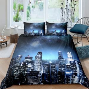 Parure de lit - MOUTON MAISON DECO - 3D Ville Ciel &eacute;toil&eacute; New York - Bleu blanc noir violet - Microfibre- 220x240 cm
