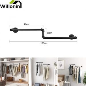 Willonin&reg; Porte-v&ecirc;tement en forme de Z Noir Portant mural de 100 cm de long Pendrie industriel pour maison capacit&eacute; de 60kg