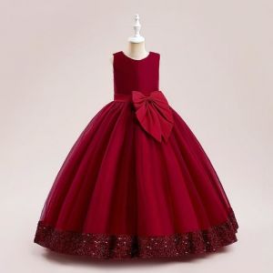 Robe de Soir&eacute;e de Mariage Enfant Fille Sans Manche avec Paillette Tulle Mi-Longue  - Rouge