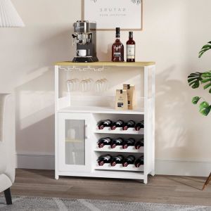 LUNSY - Meuble de Bar &agrave; Vin - Buffet Industriel - Porte-Bouteilles et Porte-Verres amovible - Porte Grillag&eacute;e - 69x35x92 cm - Blanc